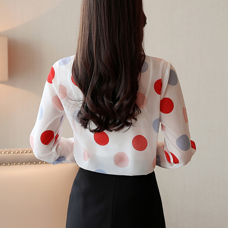 Spring Fashion Women Tops Carrot Color Sweet Dot Blouses Chiffon Long Sleeve Shirt Blusas Mujer De Moda Bow 8364 210518