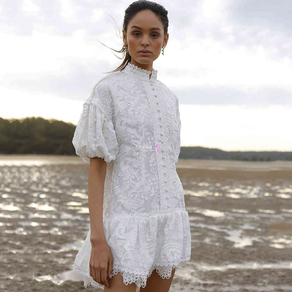 Free Summer White Printed Dress Women's Elegant Lantern Sleeve Single-breasted A-line Club Party Vestido 210524