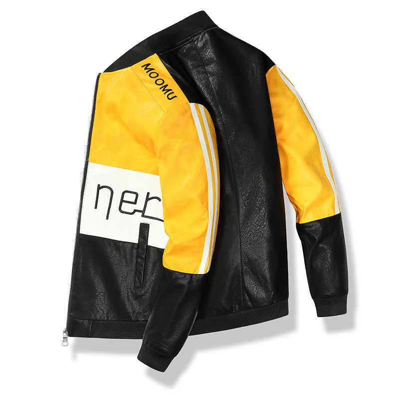 Letter Print Leather Jacket Men Biker Jackets Fashion Zipper Stand Collar PU Jacket Mens Autumn Stripes Coats Streetwear 211018