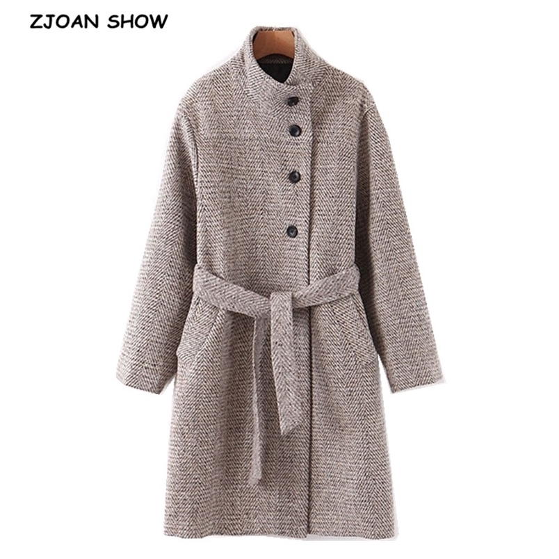 Winter Check Plaid Woolen Blends Coat Women Single-Breasted Button Stand Collar Long Sleeve Knee Length OL Trench Outerwear 210429