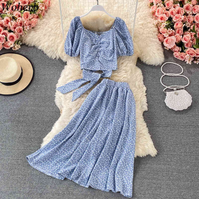 Women Chiffon 2pcs Set Summer Sexy V-Neck Short Sleeve Bandage Tops + High Waist Ruffle Long Skirt Fashion Suit 210519