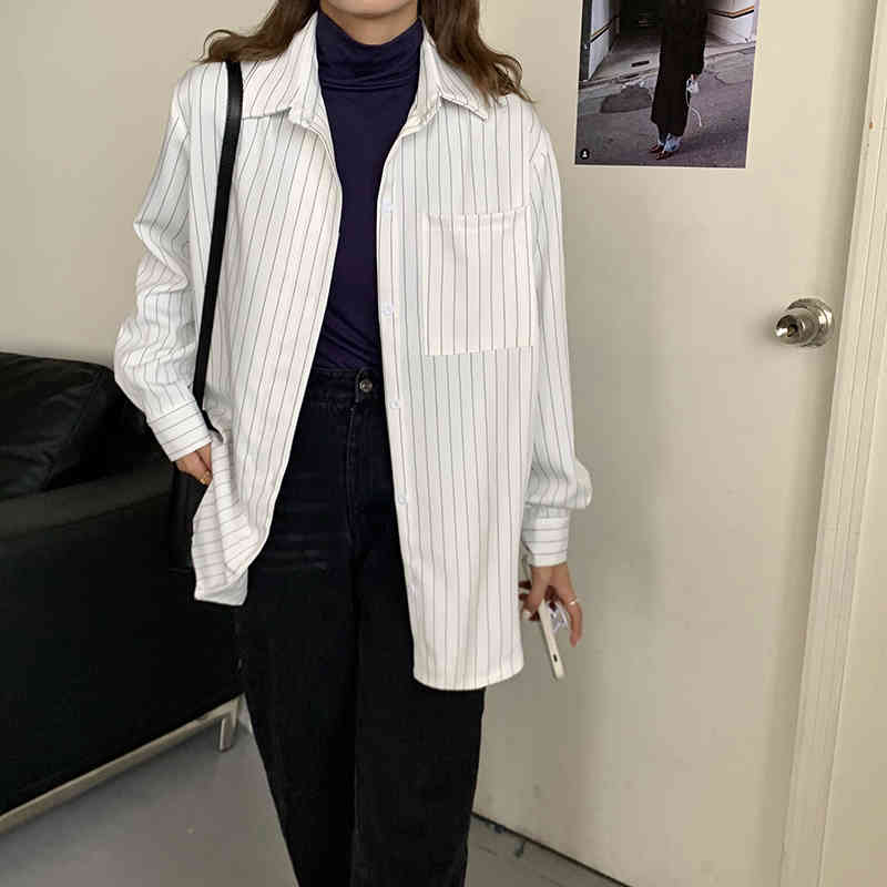 Spring Autumn OL Formal Elegant Minimalist Lapel Striped Shirt Women Blouses Work Long Sleeve Loose Tops Female 210421