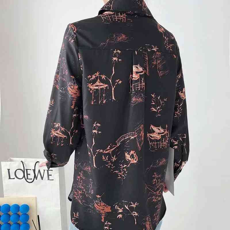 Vintage Women Black Print Shirts Fashion Ladies Turn Down Collar Tops Chinese Style Female Chic Pocket Blouses 210430