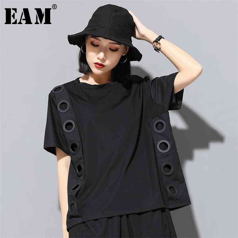 EAM Spring Summer Round Neck Short Sleeve Black Hollow Out Split Joint Big Size Tshirt Women Fashion JW045 210406