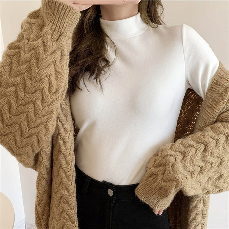 Full Sleeves Women Thick Turtleneck Basic Korean Autumn All Match Sexy Brief Tops Solid Loose Casual T-shirt 210421