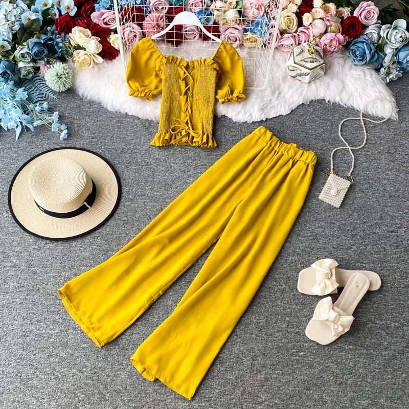 Sexy Short Sleeve Slim Bandage Tops And Wide Leg Pants Women Fashion Suit Set 2021 Summer Female Solid Casual Two Piece Dress