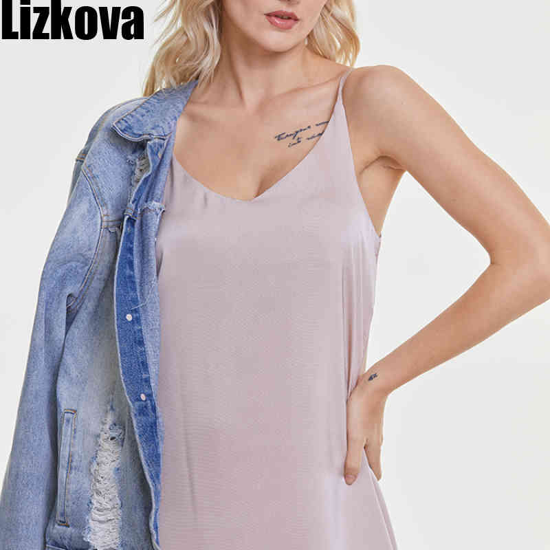 Lizkova Summer Satin Dress Women V-neck Sleeveless Vestidos Green Spaghetti Strap Robe Strap Adjust 210331