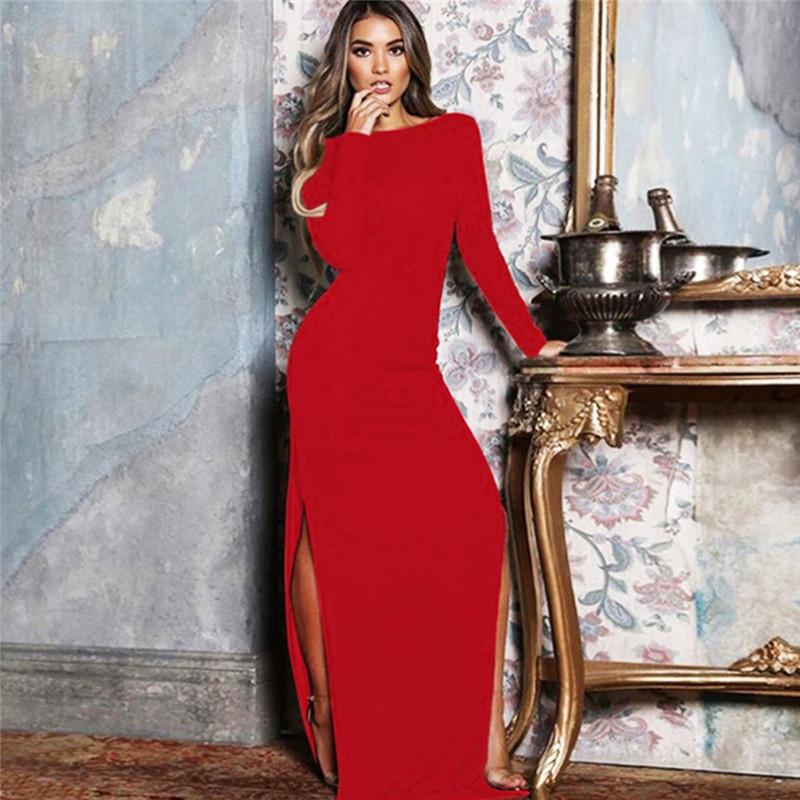 Women Sexy Elegant Dress Backless Maxi Party Sheath Split Long Sleeve Ankle Length Women's Holiday Autumn Derss Casual Dresses
