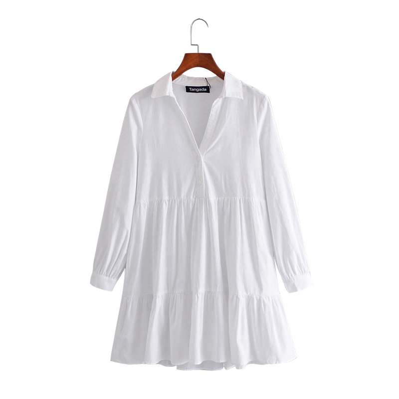 Fashion Women Elegant White Pleated Shirt Long Sleeve Office Ladies Mini Dress 3H60 210416