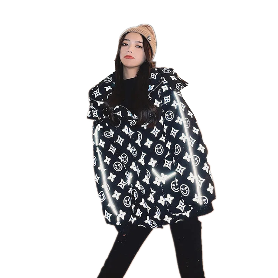 new net red down jacket women middle and long korean loose laser reflective strip light sense printed bread suit, Black
new net red down jacket women middle and long korean loose laser reflective strip light sense printed bread suit, Black