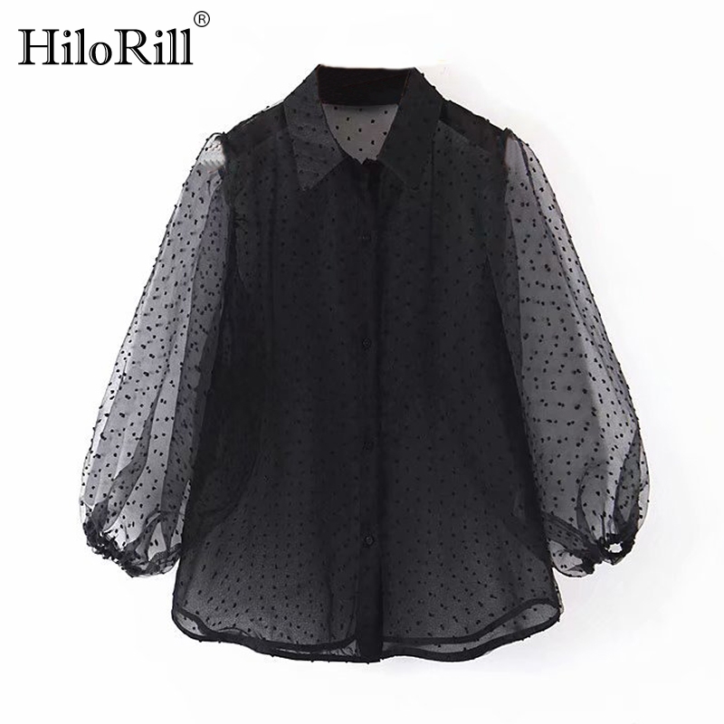 Dots Embroidery Women Organza Blouse Lantren Sleeve Black See Through Chic Top Casual Turn Down Collar Shirt Blusa 210508