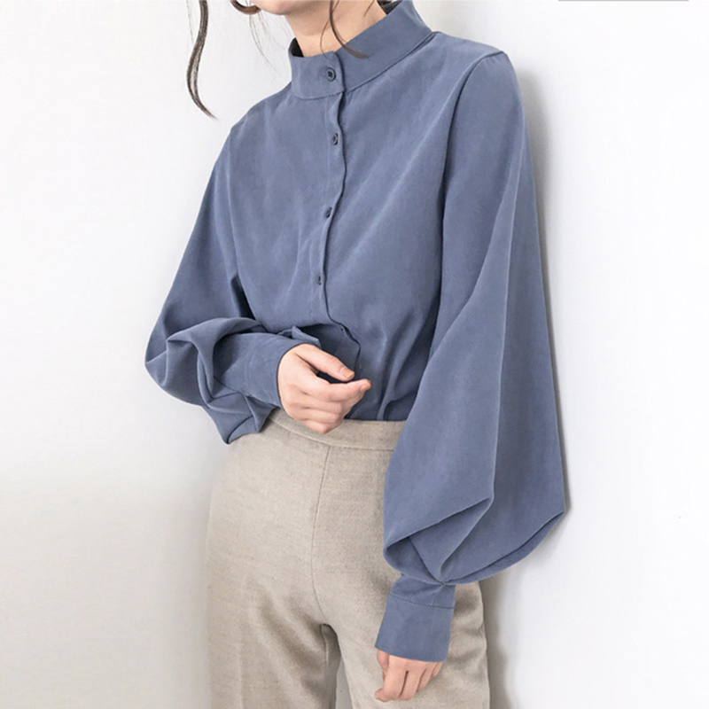 Lucyever Blue Mandarin Collar Shirts Womens Autum Big Lantern Sleeve Blouses Woman Korean Style Single Breasted Tops Femme 210521 
Lucyever Blue Mandarin Collar Shirts Womens Autum Big Lantern Sleeve Blouses Woman Korean Style Single Breasted Tops Femme 210521