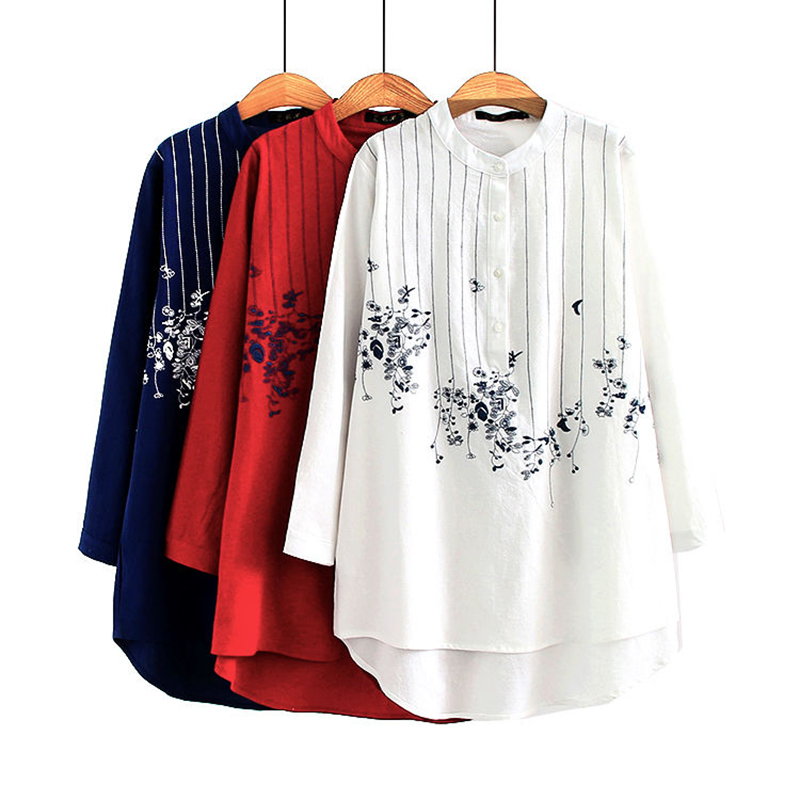 Spring Autumn Arts Style Women Long Sleeve Loose Shirts 100% Cotton Female Stand Collar Embroidery Vintage White Blouse D446 210512