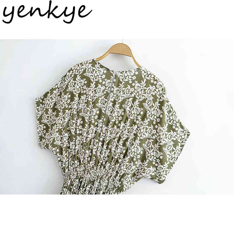 YENKYE Vintage Floral Print Holiday Summer Boho Dress Women Deep V Neck Batwing Sleeve Sexy Slits A-line Long Maxi Dress Robe 210515