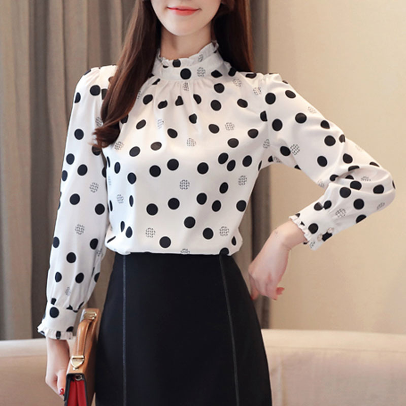 Autumn Fashion Women Chiffon Shirts Long Sleeve Polka Dot Blouses Casual Stand Collar Tops 6113 50 210506