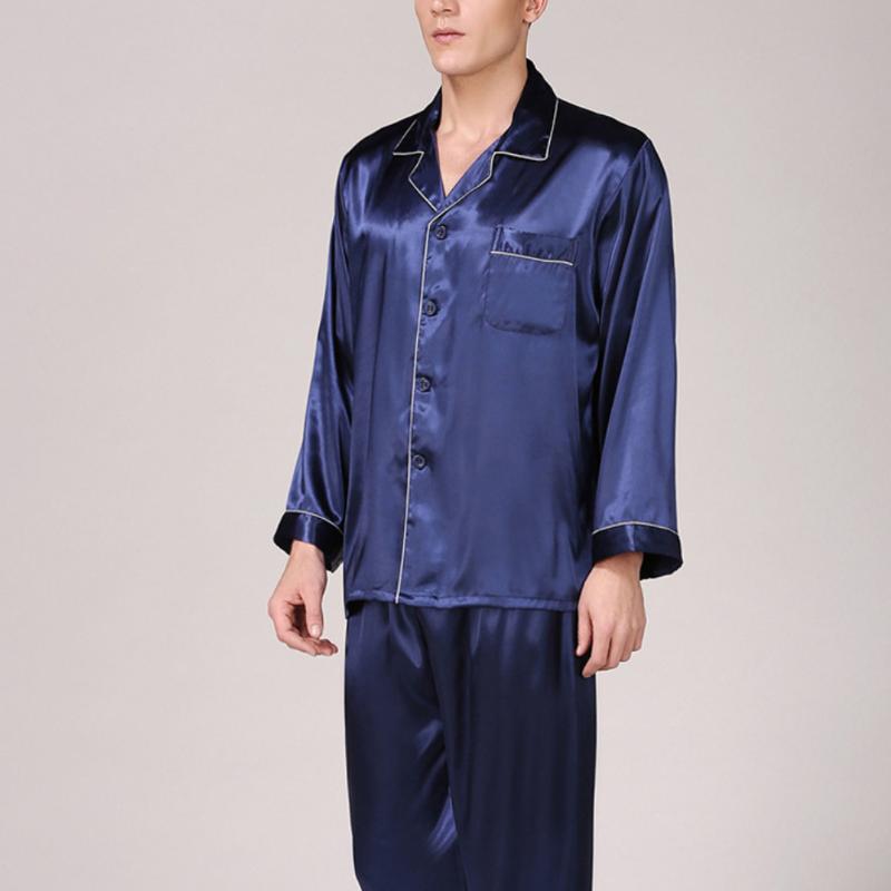 Summer Mens Pajama Set Imitation Silk Pajamas Men Sleepwear Print Shirt Long Sleeve Top Pants Sexy Nightwea Men's