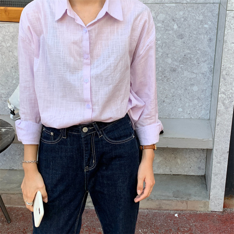 Simple Solid Color Loose Lazy Cotton Linen Korean Chic Summer Shirt All Match Brief Thin Sunscreen Tops Blouses 210421