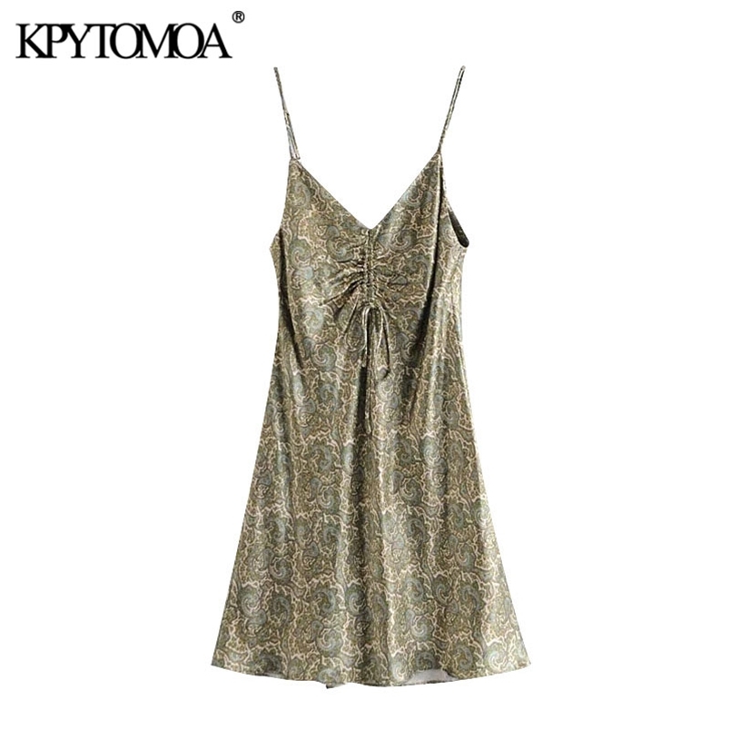 Women Chic Fashion With Bow Paisley Print Cozy Mini Dress V Neck Adjustable Straps Female Dresses Mujer 210420