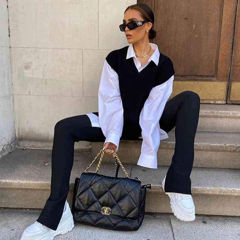 V Neck Knitted Sweater Vest Women Sleeveless Casual White Pullovers Autumn Winter Black Streetstyle Tops Jumper 210427