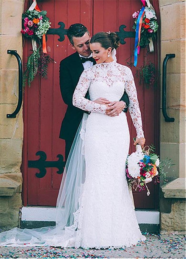 Full Mermaid Vintage Lace Wedding Dresses Bridal Gown Long Sleeves High Neck Custom Made Plus Size Country Castle Vestidos De Novia