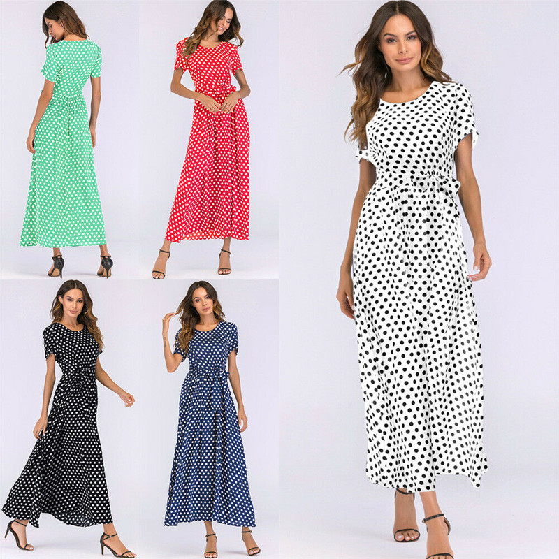 Cross-border dress foreign trade special for summert women's round neck short-sleeved pine waist beach wave point print Wear cool and comfortable