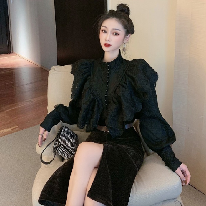 Fashion Women Stand Collar Ruffles Lantern Sleeve Embroidery Lace Blouse High Waist Corduroy Coffee Two Piece Skirt Set 210520