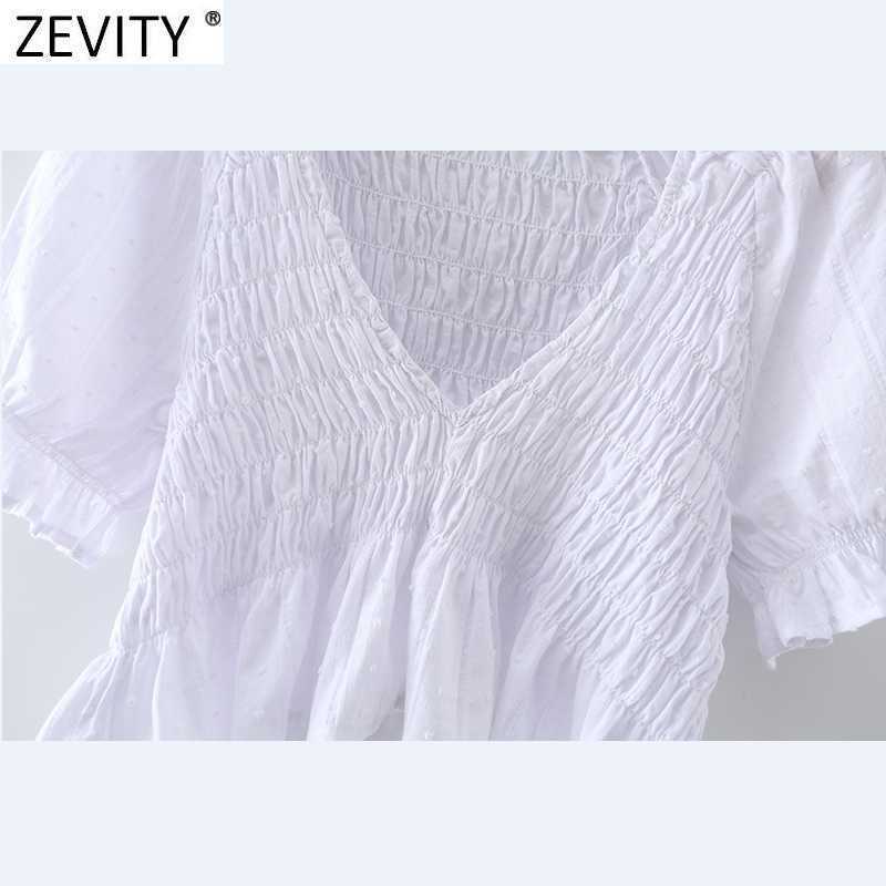 Zevity French Style Women V Neck Elastic Hem Ruffles Short Smock Blouse Female Puff Sleeve White Shirt Chic Blusas Tops LS9156 210603