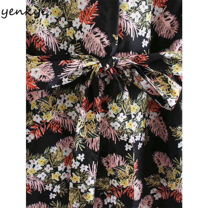 YENKYE Vintage Floral Print Women Dress Lapel Collar Long Sleeve With Belt A-line Midi Dress Spring Casual Vestido 210515