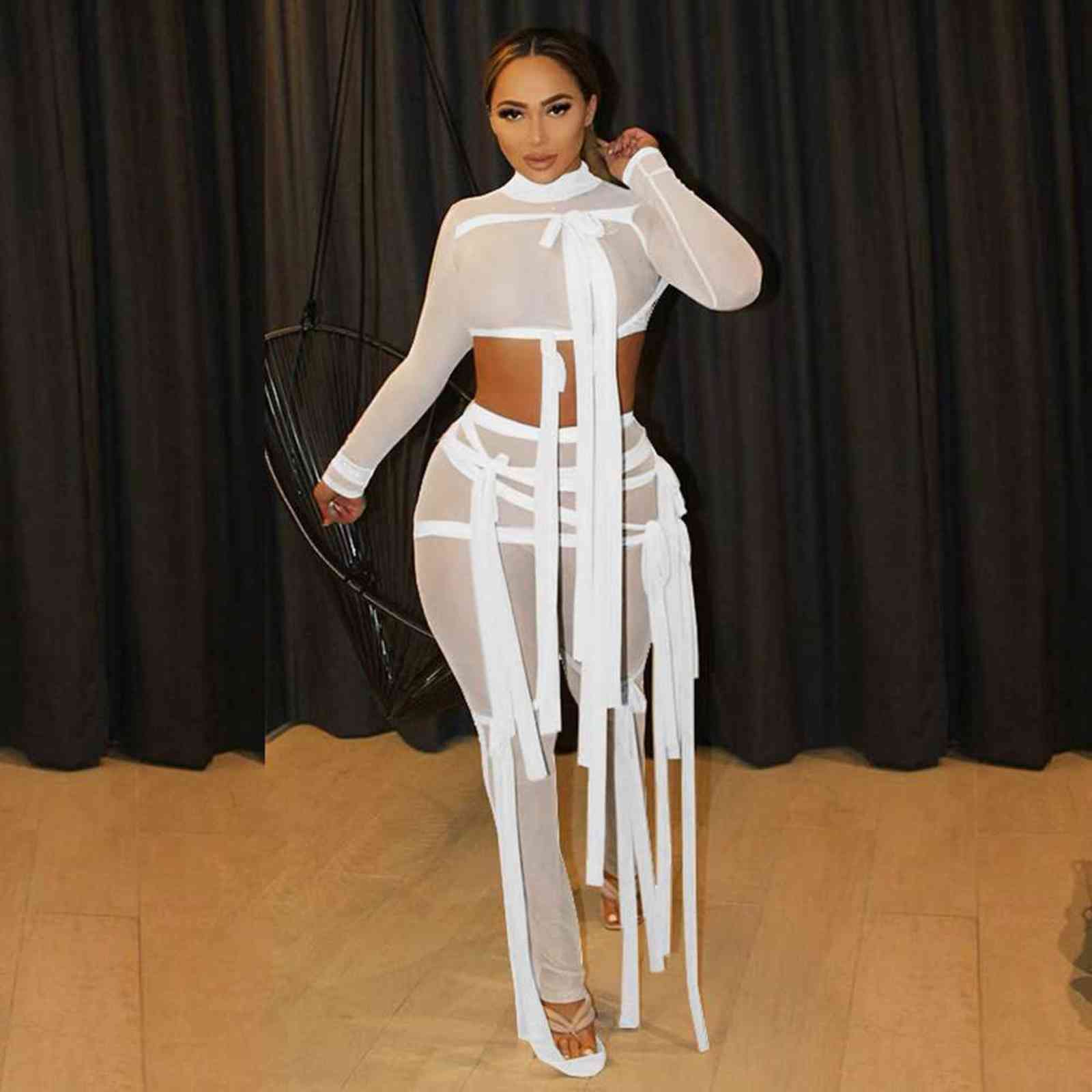 Ribbons Hipster Sheer Mesh Sexy Two Piece Set Women Turtleneck Crop Top+Pants Solid Street See Through Matching Outfit 211105