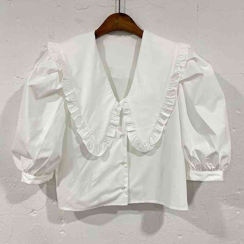 Puff Short Sleeve Female Clothing Sweet Peter Pan Collar Ruffled White Shirt Korean Women Loose Blouses and Tops Blusas 14253 210518