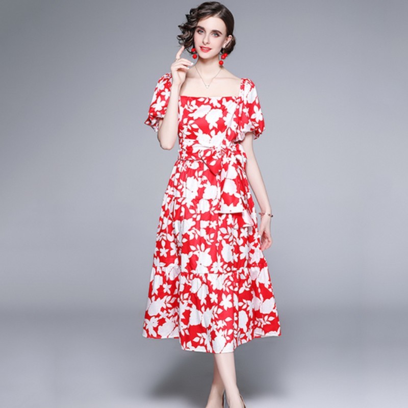 Summer Red Floral Elegant Boho Midi Dresses Women Square Collar Puff Sleeve Vintage Belt Vacation Dresses 210518