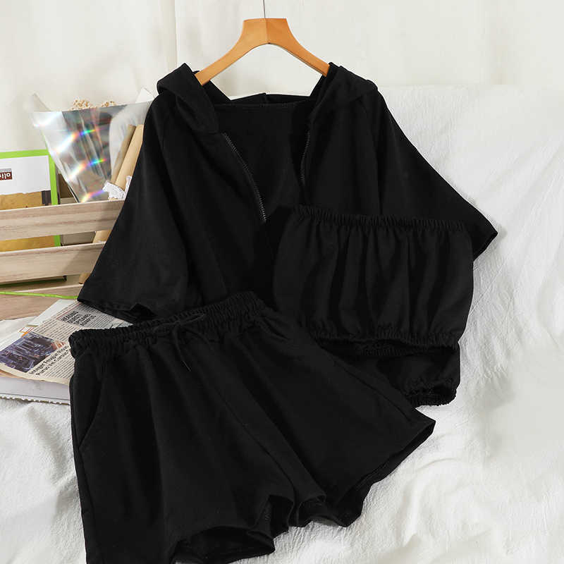 DEAT Women Hooded Collar Sweater Drawstring Shorts Arrivals Two Piece Set Fashion Temperament Spring Summer 11D841 210709