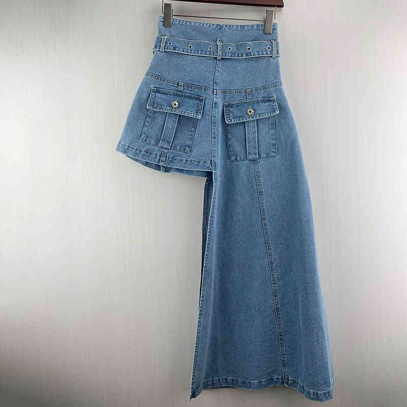 Denim Patchwork Pocket Skirt For Women High Waist Asymmetrical Irregular Hem Streetwear Skirts Female Fashion 210521