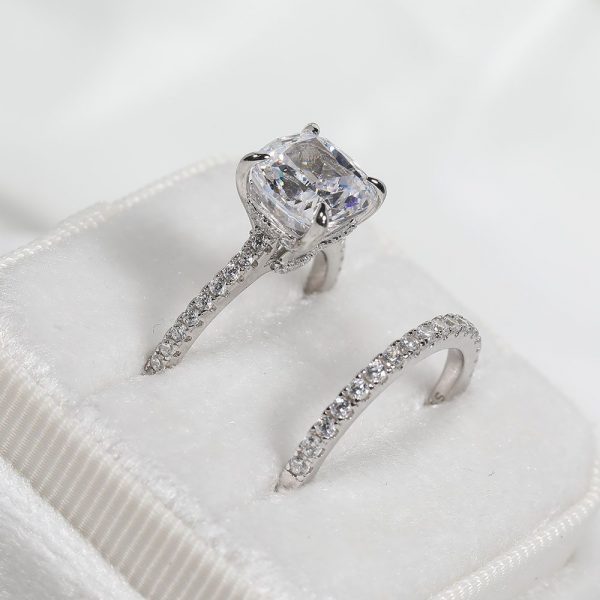 Classic Rings Cushion Cut 25 ct under Halo White Gold Bridal Set In Sterling Silver2457384