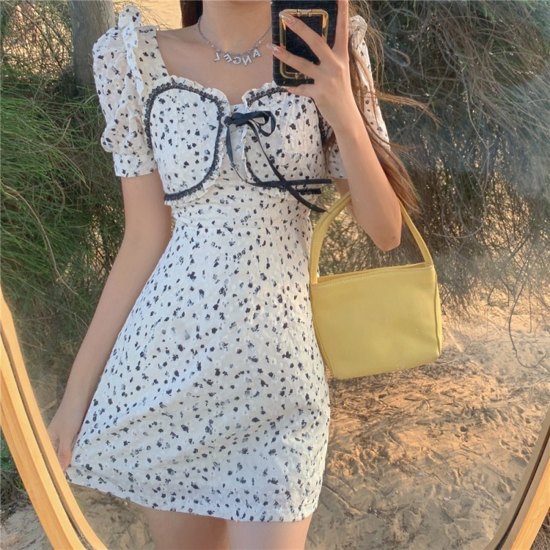 Summer Floral Dress Women French Style Puff Sleeve Chiffon Party Vintage Casual Slim Mini 210519