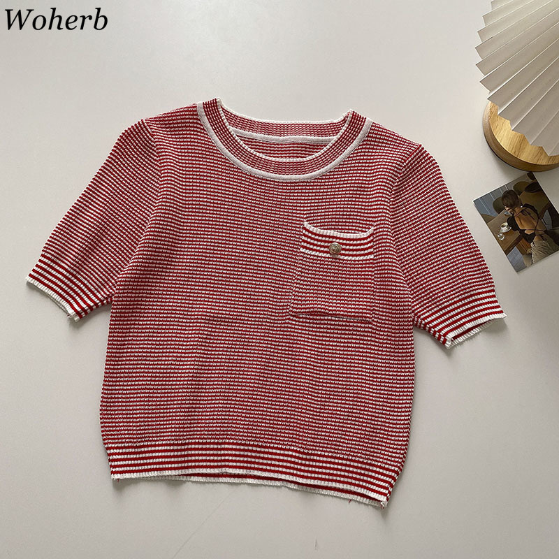 Knitted T Shirts Women Summer O Neck Short Sleeve Tees Shirt Slim Korean Fashion Plaid Pocket Knitwear Tops 4j308 210519