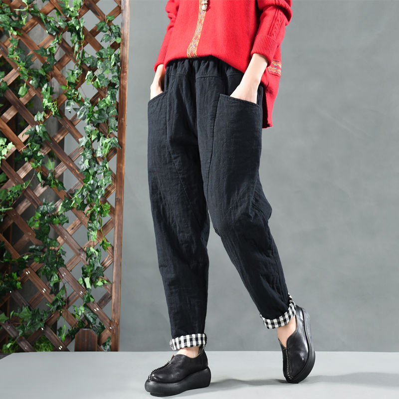 Autumn Winter Arts Style Women Elastic Waist Loose Cotton Linen Harem Pants quilted Big pocket Vintage S404 210512