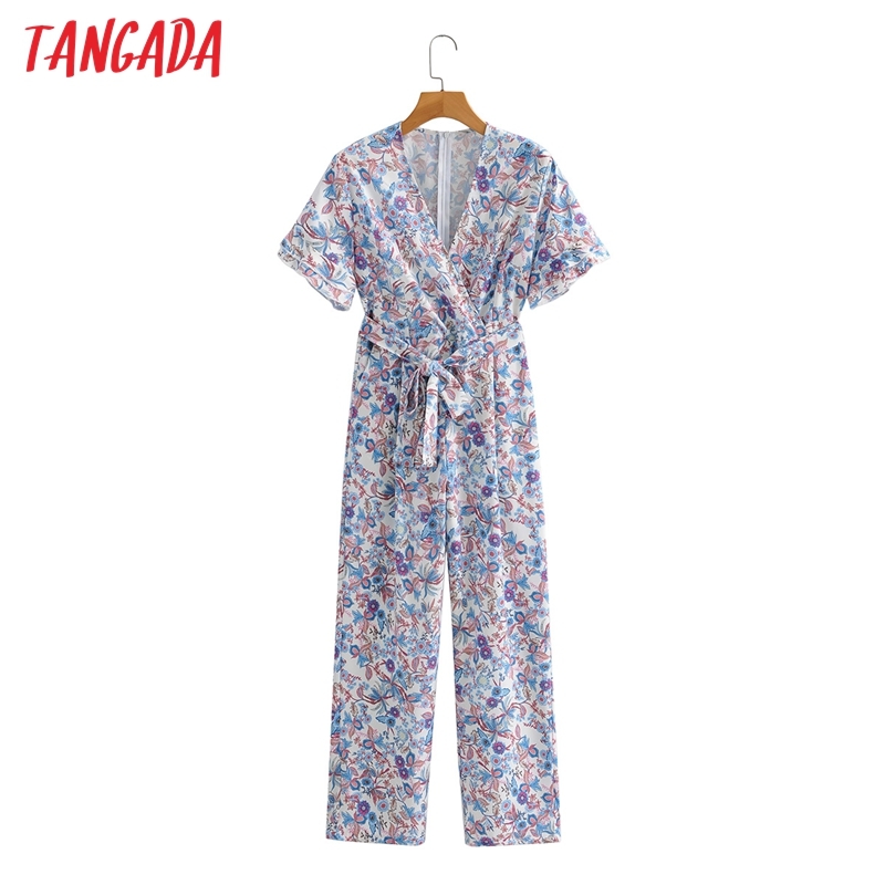Women Colorful Floral Print Chiffon Short Sleeve With Slash Female Casual Jumpsuit 1F164 210416