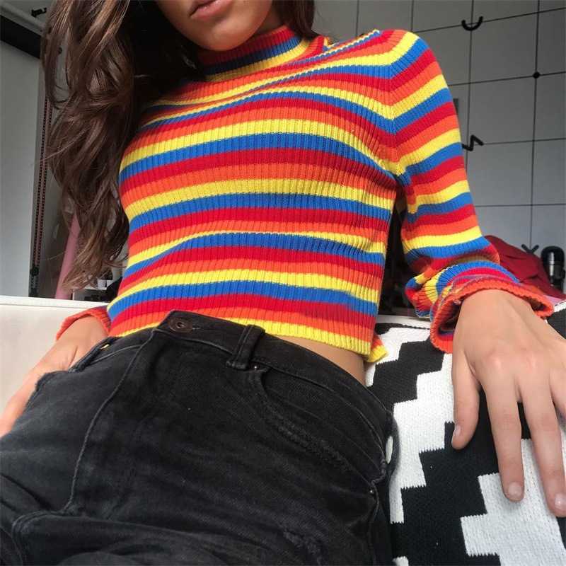 Women Rainbow Sweaters Pullover Winter Spring Slim basis Short Ladies Clothes Retro Stripes Femlae Knit Elasticity Tops 210702