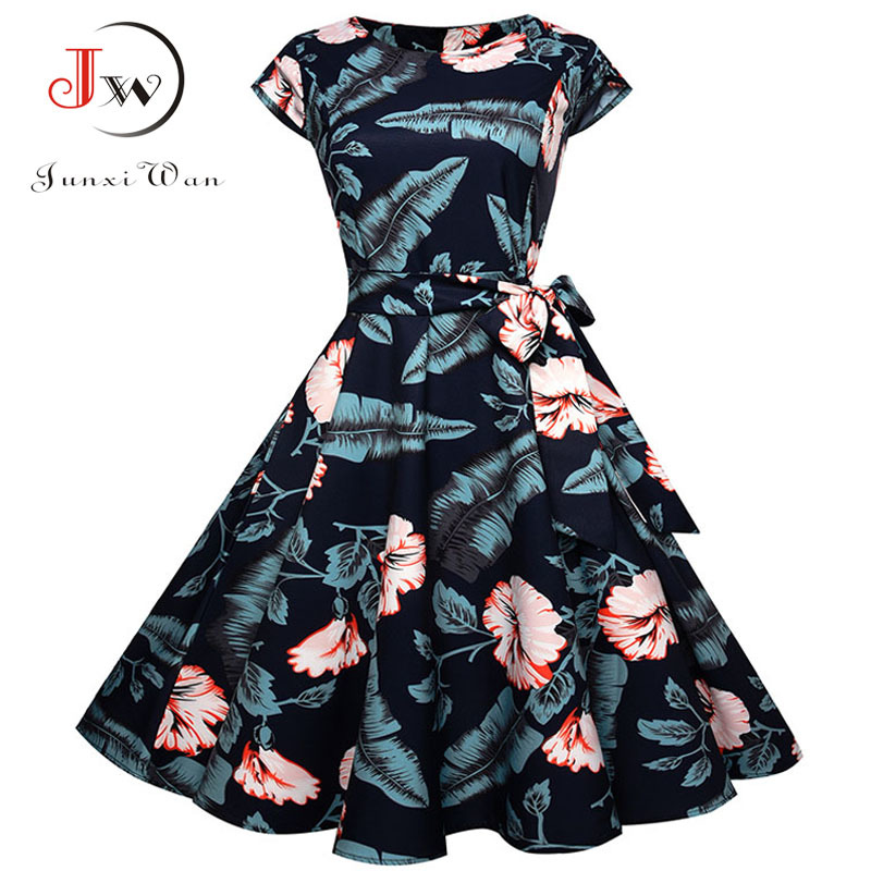 Women Summer Floral Dress 50s Vintage Casual Elegant Print O Neck Party Work Office Dress Retro Rockabilly Vestidos 210406