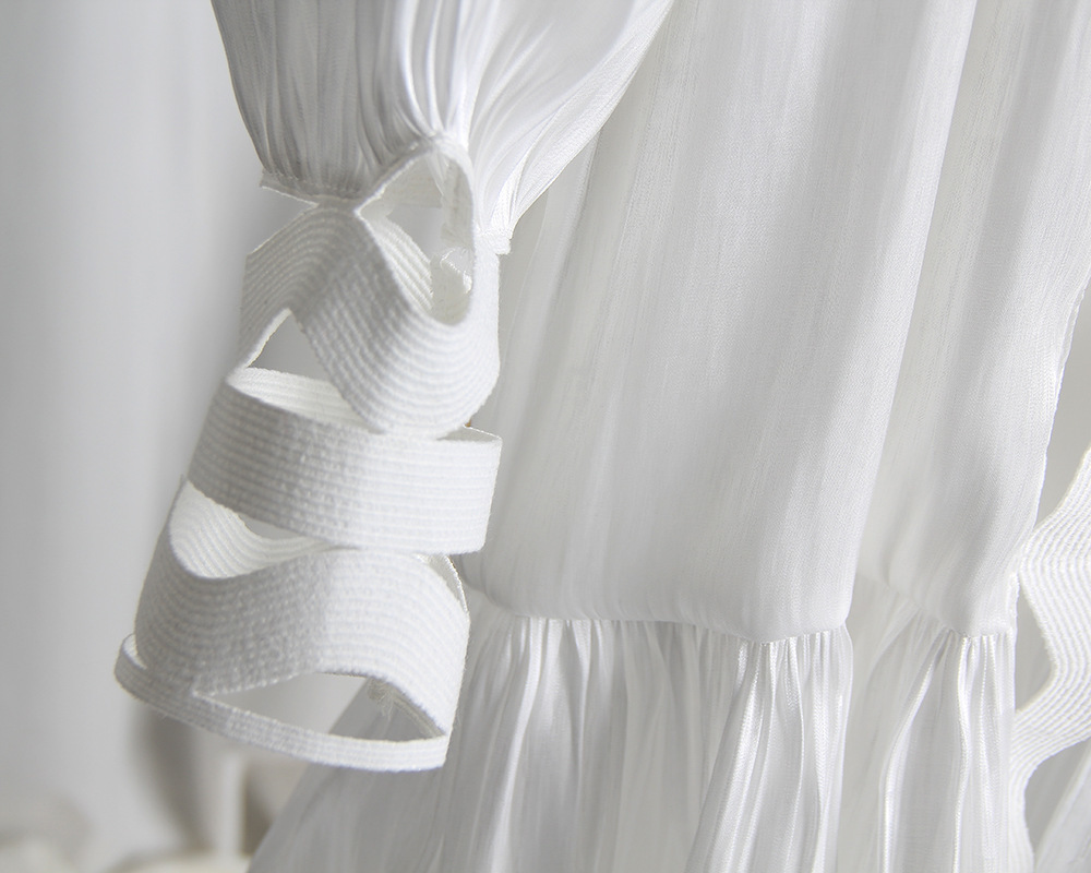 DEAT sumemr stand collar lantern full sleeves hollow out high waist white and black dress vacation tide WR44900L 210428
