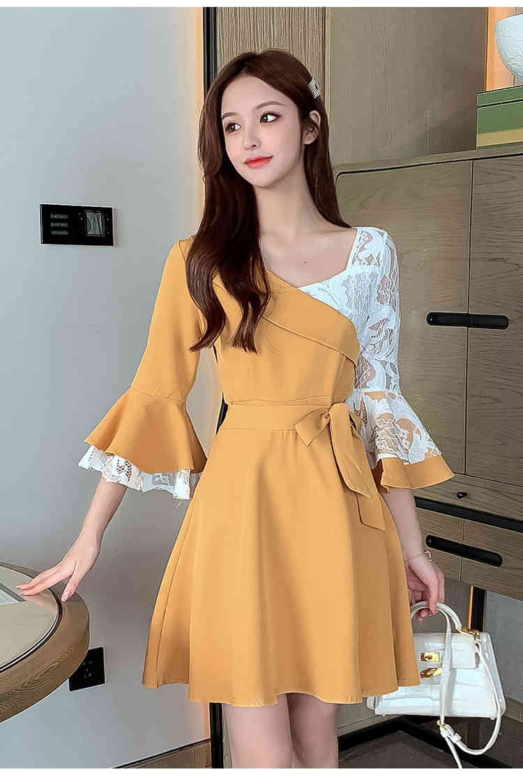 Korean Spring Elegant Mini Party Dress Fashion Women Casual Belt Lace Flare Sleeve Splicing Vintage Female 210519