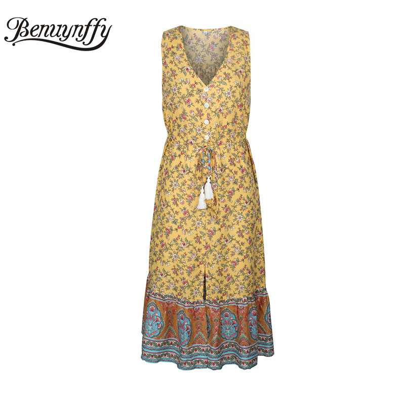 V-neck Button Front Tassel Drawstring High Waist Floral Print Bohemian Dresses Summer Holiday Style Women Long Dress 210510