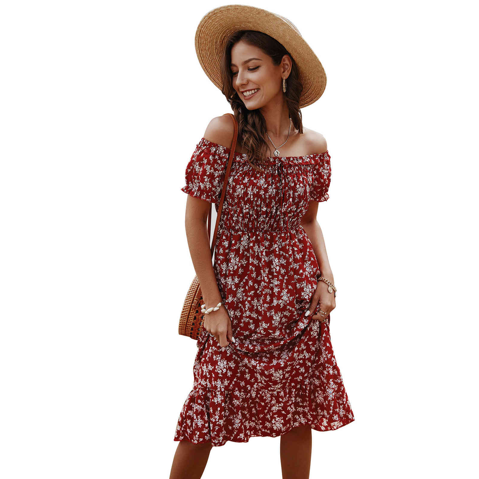 Loose Elegant Fashion Women long Dress Bohe short sleeve elastic bust pleated Long dresses summer beach dress 210524