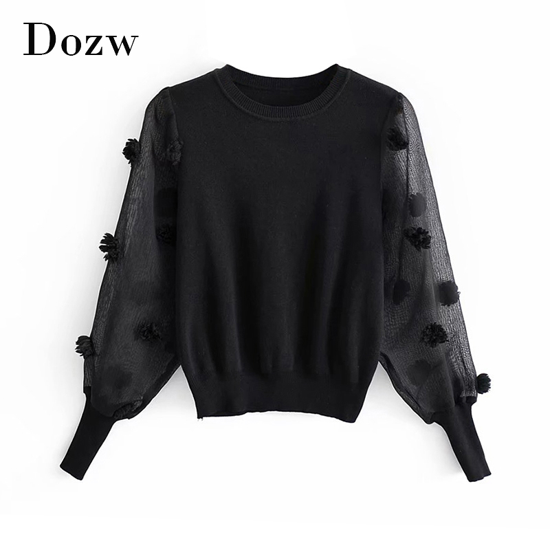 Black Mesh Patchwork Pullover Sweater, Transparent Long Sleeve Knitted Jumper For Women B4