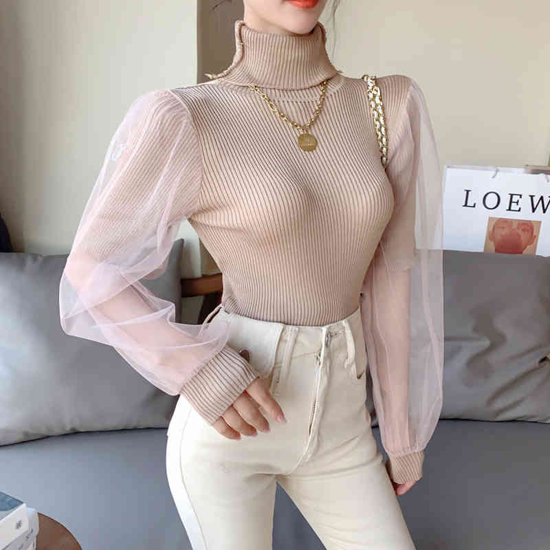 Fashion Pullover Jumper Knitted Sweater Women Office Lady Puff Sleeve Mesh Women Sweaters Turtleneck Female Clothing 12745 210518