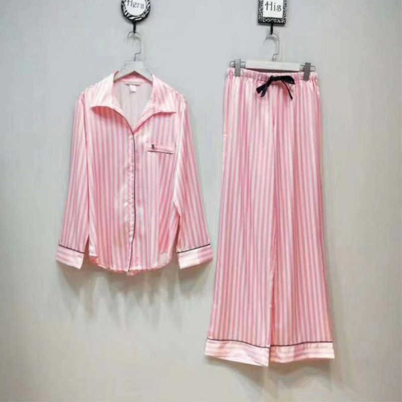 Satin Pajamas for Women Long Sleeved Striped Pjamas Sleepwear 2 Pieces Set Lounge Wear Home Clothes Year Birthday Gift 211007