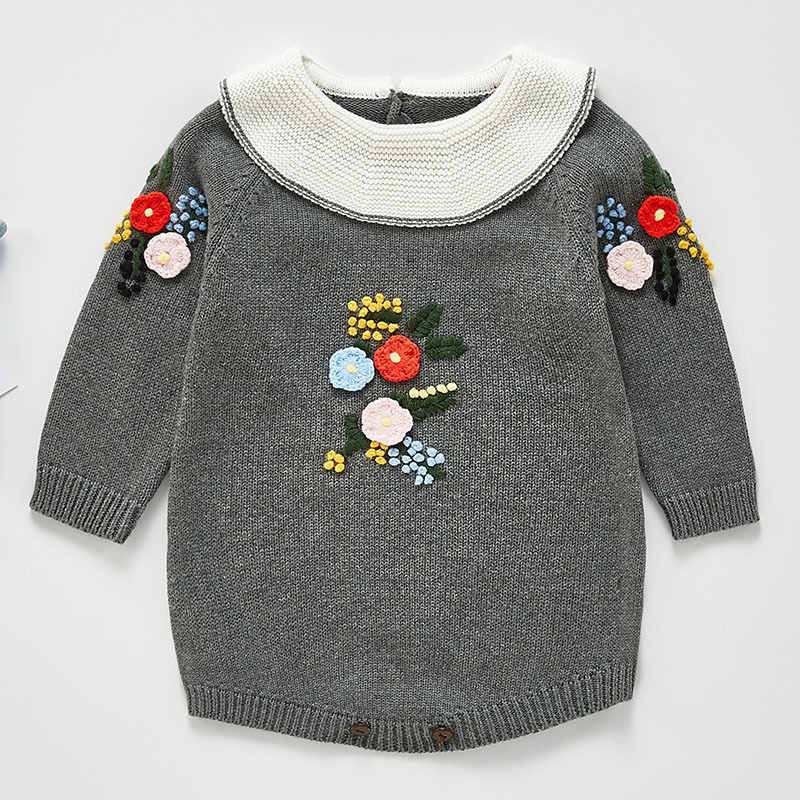 Cute Baby Girl Knit Embroider Rompers Spring Autumn Long Sleeve Fashion Infant Clothes 0-3Yrs 210429