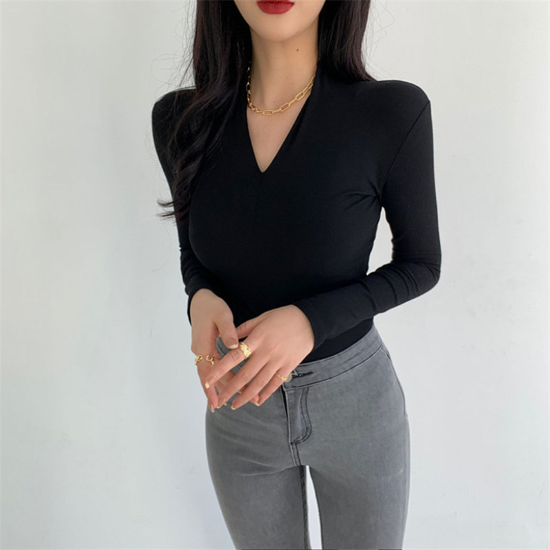 Spring Full Sleeves Chic V-Neck Sexy Solid Women All Match Basic Office Lady Tops Brief T-shirt 210421