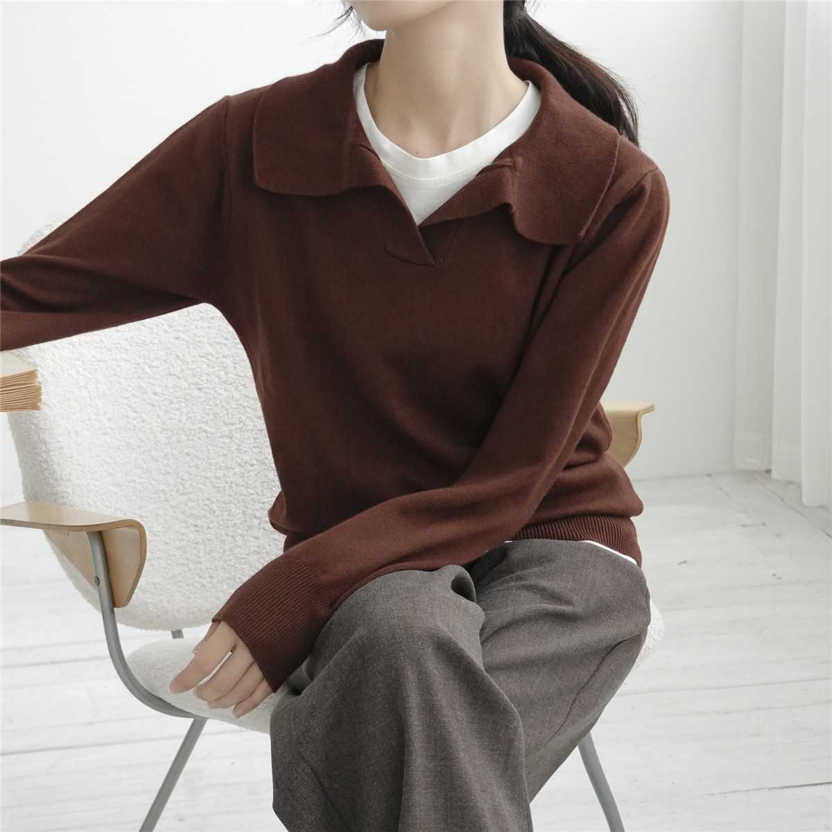 Autumn Casual Lapel Knitted Long Sleeve Top Women's Jumper Solid Color V-Neck Pullovers Sweater Female Clothing 211011Z